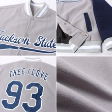 Load image into Gallery viewer, Custom Gray Navy-White Bomber Full-Snap Varsity Letterman Two Tone Jacket
