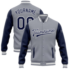Load image into Gallery viewer, Custom Gray Navy-White Bomber Full-Snap Varsity Letterman Two Tone Jacket
