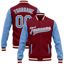 Load image into Gallery viewer, Custom Crimson Light Blue-Cream Bomber Full-Snap Varsity Letterman Two Tone Jacket
