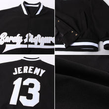 Load image into Gallery viewer, Custom Black White-Cream Bomber Full-Snap Varsity Letterman Jacket
