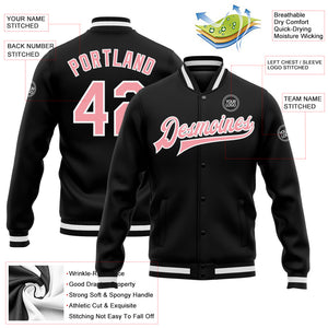 Custom Black Medium Pink-White Bomber Full-Snap Varsity Letterman Jacket