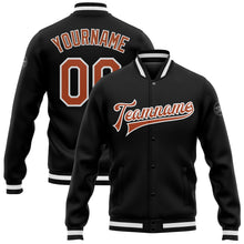 Load image into Gallery viewer, Custom Black Texas Orange-White Bomber Full-Snap Varsity Letterman Jacket
