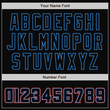 Load image into Gallery viewer, Custom Black Black Powder Blue-Orange Bomber Full-Snap Varsity Letterman Jacket
