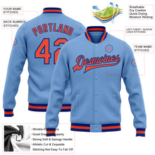 Load image into Gallery viewer, Custom Light Blue Orange-Royal Bomber Full-Snap Varsity Letterman Jacket
