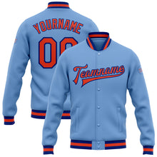 Load image into Gallery viewer, Custom Light Blue Orange-Royal Bomber Full-Snap Varsity Letterman Jacket
