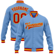 Загрузить изображение в средство просмотра галереи, Custom Light Blue Red-Gold Bomber Full-Snap Varsity Letterman Jacket

