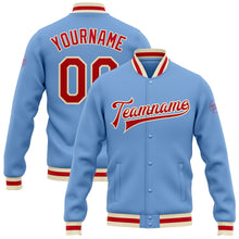 Load image into Gallery viewer, Custom Light Blue Red-Cream Bomber Full-Snap Varsity Letterman Jacket
