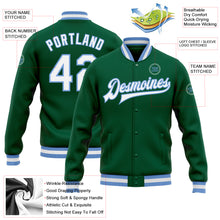 Load image into Gallery viewer, Custom Kelly Green White-Light Blue Bomber Full-Snap Varsity Letterman Jacket
