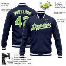 Load image into Gallery viewer, Custom Navy Neon Green-White Bomber Full-Snap Varsity Letterman Jacket
