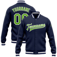 Load image into Gallery viewer, Custom Navy Neon Green-White Bomber Full-Snap Varsity Letterman Jacket
