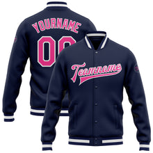 Load image into Gallery viewer, Custom Navy Pink-White Bomber Full-Snap Varsity Letterman Jacket
