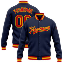 Load image into Gallery viewer, Custom Navy Red-Gold Bomber Full-Snap Varsity Letterman Jacket
