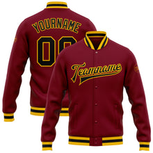 Laden Sie das Bild in den Galerie-Viewer, Custom Crimson Black-Gold Bomber Full-Snap Varsity Letterman Jacket
