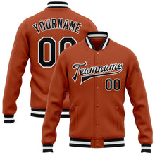 Laden Sie das Bild in den Galerie-Viewer, Custom Texas Orange Black-White Bomber Full-Snap Varsity Letterman Jacket
