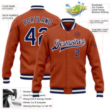 Load image into Gallery viewer, Custom Texas Orange Navy-White Bomber Full-Snap Varsity Letterman Jacket
