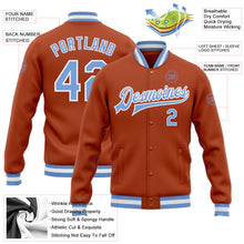 Load image into Gallery viewer, Custom Texas Orange Light Blue-White Bomber Full-Snap Varsity Letterman Jacket
