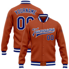 Load image into Gallery viewer, Custom Texas Orange Royal-White Bomber Full-Snap Varsity Letterman Jacket
