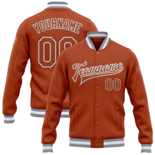 Load image into Gallery viewer, Custom Texas Orange Texas Orange Gray-White Bomber Full-Snap Varsity Letterman Jacket
