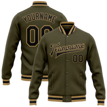 Load image into Gallery viewer, Custom Olive Black-Old Gold Bomber Full-Snap Varsity Letterman Salute To Service Jacket
