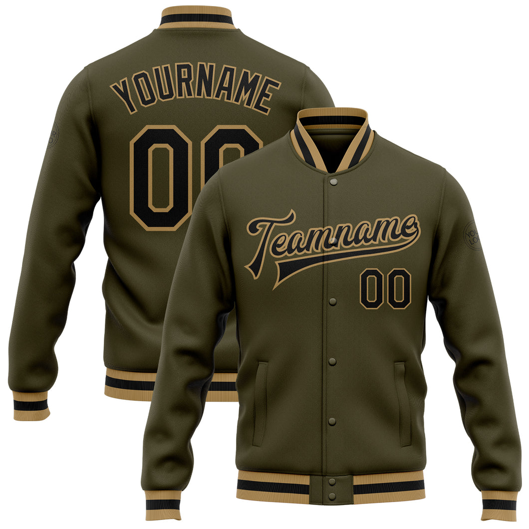 Custom Olive Black-Old Gold Bomber Full-Snap Varsity Letterman Salute To Service Jacket
