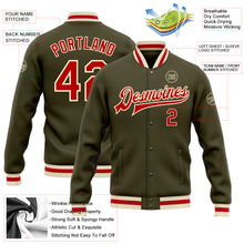 Laden Sie das Bild in den Galerie-Viewer, Custom Olive Red-Cream Bomber Full-Snap Varsity Letterman Salute To Service Jacket
