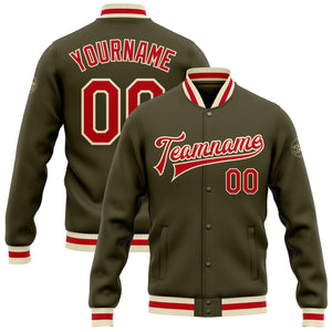 Custom Olive Red-Cream Bomber Full-Snap Varsity Letterman Salute To Service Jacket