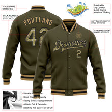 Загрузить изображение в средство просмотра галереи, Custom Olive Camo Black-Old Gold Bomber Full-Snap Varsity Letterman Salute To Service Jacket
