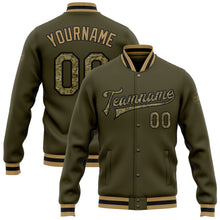 Загрузить изображение в средство просмотра галереи, Custom Olive Camo Black-Old Gold Bomber Full-Snap Varsity Letterman Salute To Service Jacket
