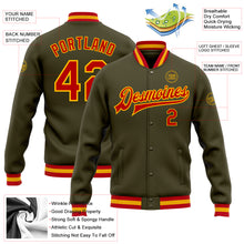 Load image into Gallery viewer, Custom Olive Red-Gold Bomber Full-Snap Varsity Letterman Salute To Service Jacket
