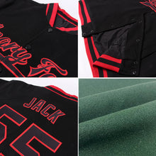 Laden Sie das Bild in den Galerie-Viewer, Custom Green Red-Gold Bomber Full-Snap Varsity Letterman Jacket
