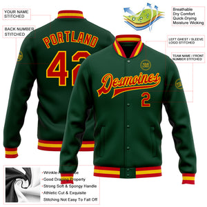 Custom Green Red-Gold Bomber Full-Snap Varsity Letterman Jacket