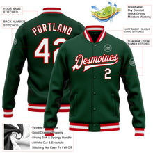 Laden Sie das Bild in den Galerie-Viewer, Custom Green White-Red Bomber Full-Snap Varsity Letterman Jacket
