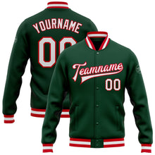 Laden Sie das Bild in den Galerie-Viewer, Custom Green White-Red Bomber Full-Snap Varsity Letterman Jacket
