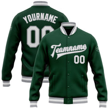 Laden Sie das Bild in den Galerie-Viewer, Custom Green White-Gray Bomber Full-Snap Varsity Letterman Jacket
