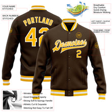Load image into Gallery viewer, Custom Brown Gold-White Bomber Full-Snap Varsity Letterman Jacket
