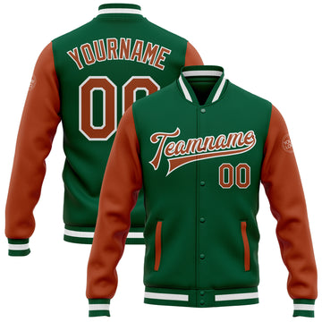 Custom Kelly Green Texas Orange-White Bomber Full-Snap Varsity Letterman Two Tone Jacket