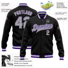 Load image into Gallery viewer, Custom Black Gray-Purple Bomber Full-Snap Varsity Letterman Jacket
