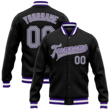 Load image into Gallery viewer, Custom Black Gray-Purple Bomber Full-Snap Varsity Letterman Jacket
