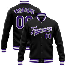 Load image into Gallery viewer, Custom Black Purple-White Bomber Full-Snap Varsity Letterman Jacket
