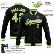 Load image into Gallery viewer, Custom Black Neon Green-White Bomber Full-Snap Varsity Letterman Jacket
