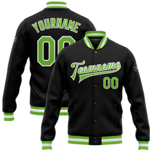 Load image into Gallery viewer, Custom Black Neon Green-White Bomber Full-Snap Varsity Letterman Jacket
