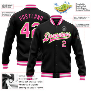 Custom Black Pink-Neon Green Bomber Full-Snap Varsity Letterman Jacket