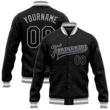 Load image into Gallery viewer, Custom Black Black-Gray Bomber Full-Snap Varsity Letterman Jacket
