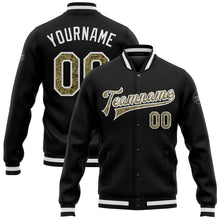 Load image into Gallery viewer, Custom Black Camo-White Bomber Full-Snap Varsity Letterman Jacket
