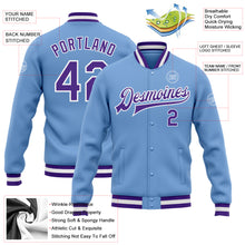 Load image into Gallery viewer, Custom Light Blue Purple-White Bomber Full-Snap Varsity Letterman Jacket
