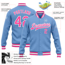 Load image into Gallery viewer, Custom Light Blue Pink-White Bomber Full-Snap Varsity Letterman Jacket
