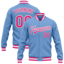Laden Sie das Bild in den Galerie-Viewer, Custom Light Blue Pink-White Bomber Full-Snap Varsity Letterman Jacket
