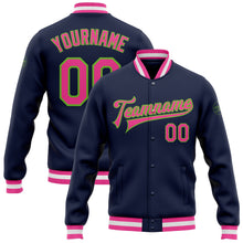 Load image into Gallery viewer, Custom Navy Pink-Neon Green Bomber Full-Snap Varsity Letterman Jacket
