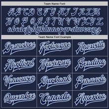 Load image into Gallery viewer, Custom Navy Navy-Light Blue Bomber Full-Snap Varsity Letterman Jacket
