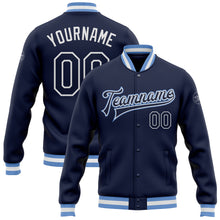 Load image into Gallery viewer, Custom Navy Navy-Light Blue Bomber Full-Snap Varsity Letterman Jacket
